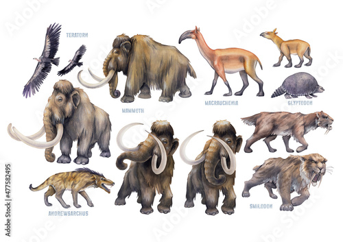 Collection of watercolor prehistoric animals isolated on a white background