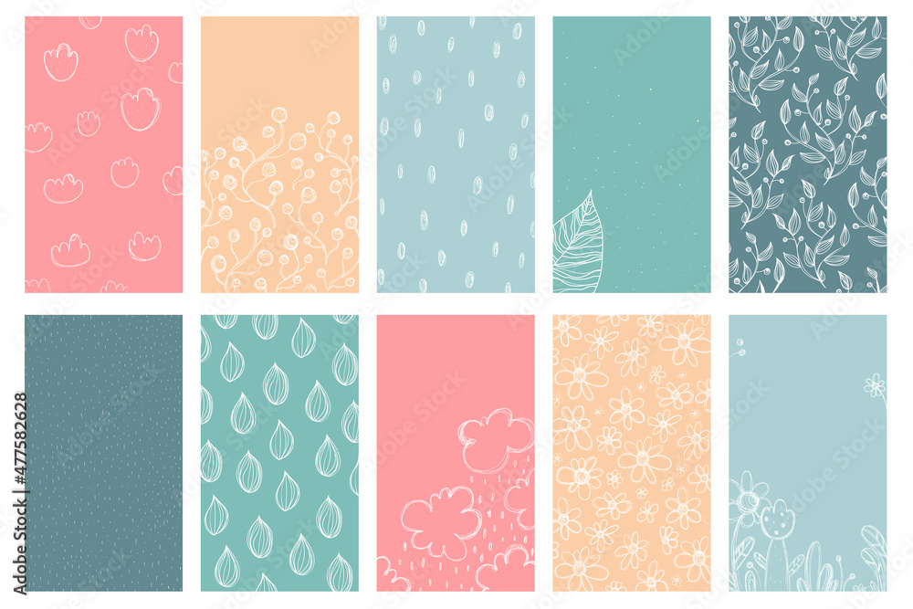 Social media stories templates. Abstract shapes and floral hand drawn elements. Vertical background template. Highlight cover set Social media stories templates. Abstract shapes and floral hand drawn elements. Vertical background template. Highlight cover set