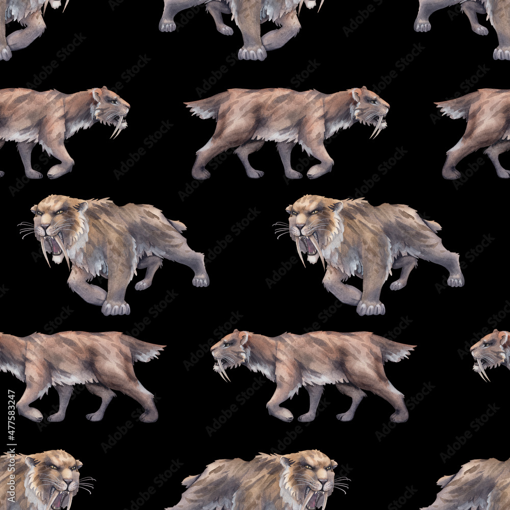 Fototapeta premium Repeated seamless pattern of a watercolor saber-toothed cat.