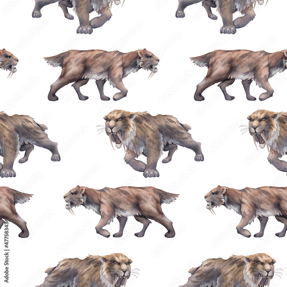 Repeated seamless pattern of a watercolor saber-toothed cat.