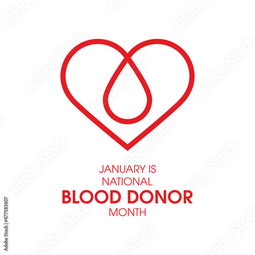 January is National Blood Donor Month vector. Red heart shape and a drop of blood graphic element isolated on a white background. Important day