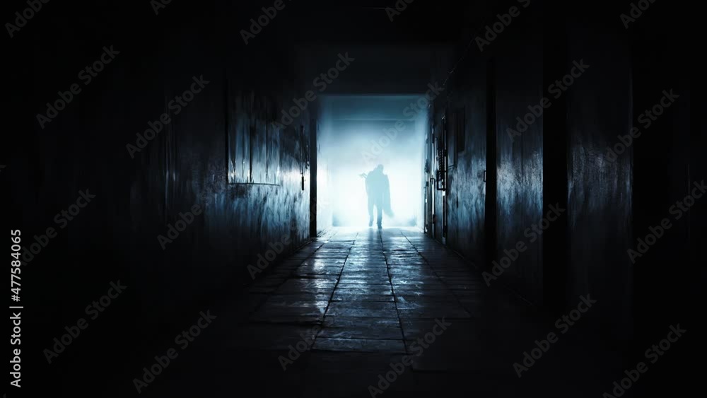A man with a cloak and a weapon appears at the end of a dark corridor. He comes close and frightens. Smoke all around A man with a cloak and a weapon appears at the end of a dark corridor. He comes close and frightens. Smoke all around