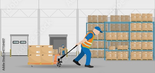 The loader moves pallets with boxes on the stack using a hand pallet truck. Storage, sorting and delivery. Storage equipment. Vector illustration.