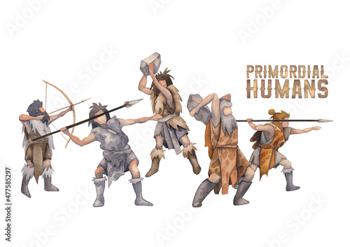 Fotografie, Tablou Watercolor primordial humans with weapons, hunters and warriors