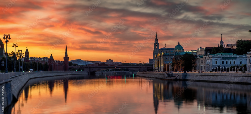 Sunrise over Moscow and the river, beautiful city landscape, panorama landscape. Travel to Russia