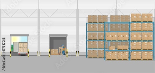 Warehouse or industrial building. Inside view, interior. Work of a warehouse for unloading vehicles. Vector illustration.