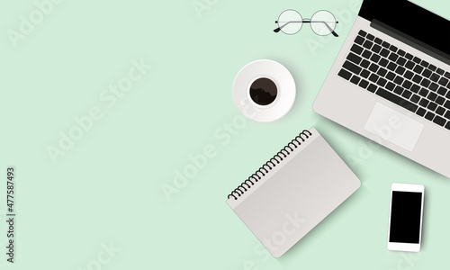 
Minimal workspace creative flat lay design of Workspace desktop view office desk with laptop, smartphone, books, pen and earphones on blue color Background. Vector EPS 10