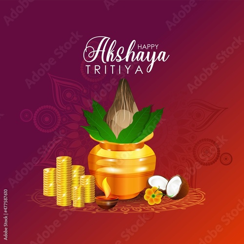 Background with kalash and gold coins for Indian festival Akshya Tritiya