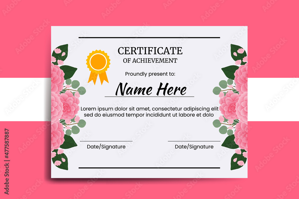 Certificate Template Pink Camellia Flower watercolor Digital hand drawn