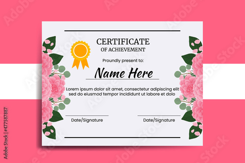 Certificate Template Pink Camellia Flower watercolor Digital hand drawn