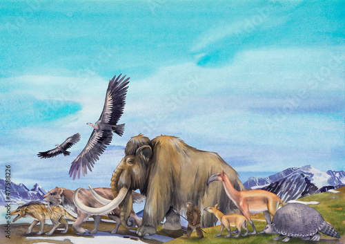 Composition of a watercolor prehistoric animals and primordial human walking in a line photo