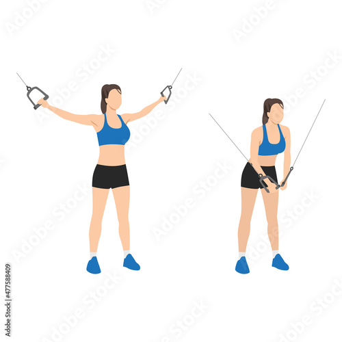 Woman doing Standing cable crossover press. cable flies exercise. Flat vector illustration isolated on white background. Workout character