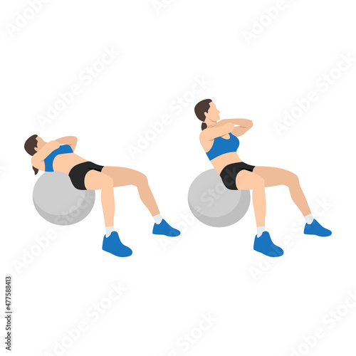 Woman doing stability,swiss,exercise ball crunches exercise Flat vector isolated on white background