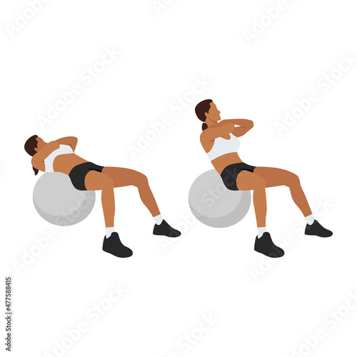 Woman doing stability,swiss,exercise ball crunches exercise Flat vector isolated on white background