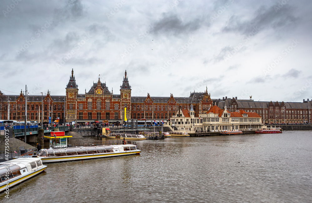 Amsterdam Central Train Station at sunset, the Netherlands