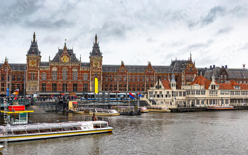 Photography Amsterdam Central Train Station at sunset, the Netherlands