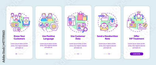 Customer assistance tips onboarding mobile app screen. Clients treatment walkthrough 5 steps graphic instructions pages with linear concepts. UI, UX, GUI template. Myriad Pro-Bold, Regular fonts used