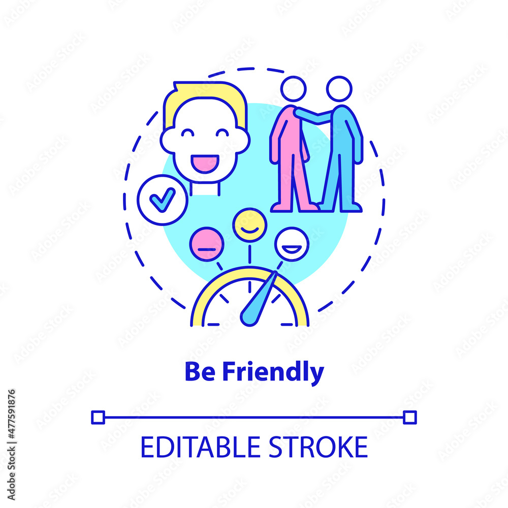 Be friendly concept icon. Be courteous and respectful. Customer service abstract idea thin line illustration. Isolated outline drawing. Editable stroke. Roboto-Medium, Myriad Pro-Bold fonts used Be friendly concept icon. Be courteous and respectful. Customer service abstract idea thin line illustration. Isolated outline drawing. Editable stroke. Roboto-Medium, Myriad Pro-Bold fonts used