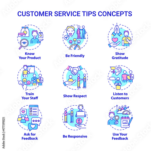 Customer service tips concept icons set. Marketing and commerce idea thin line color illustrations. Isolated outline drawings. Editable stroke. Roboto-Medium, Myriad Pro-Bold fonts used
