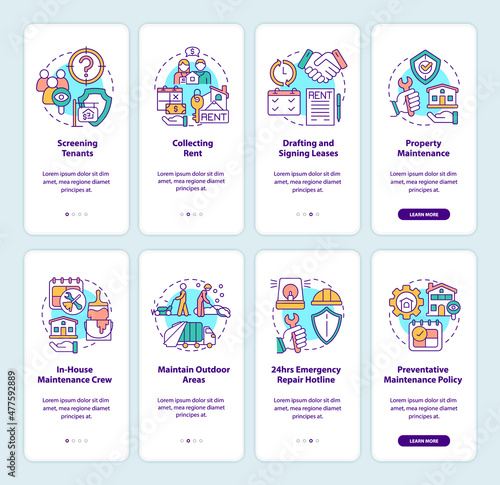 Property management onboarding mobile app screen set. Real estate walkthrough 4 steps graphic instructions pages with linear concepts. UI, UX, GUI template. Myriad Pro-Bold, Regular fonts used