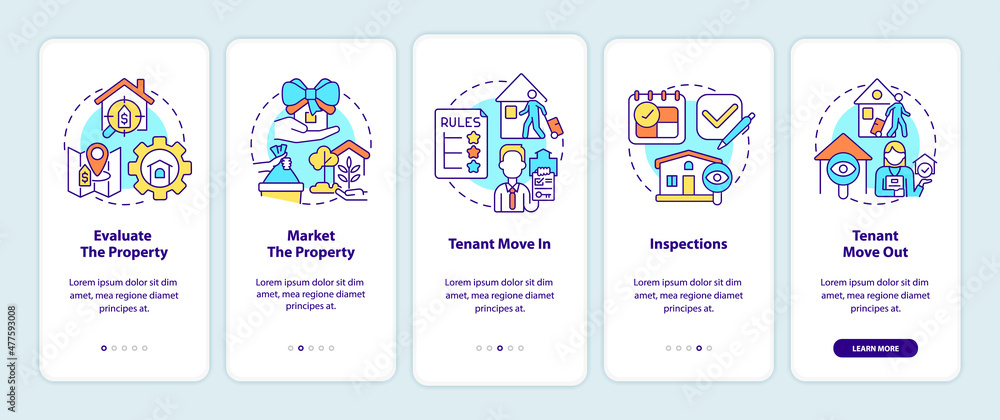 Property management operations onboarding mobile app screen. Business walkthrough 5 steps graphic instructions pages with linear concepts. UI, UX, GUI template. Myriad Pro-Bold, Regular fonts used