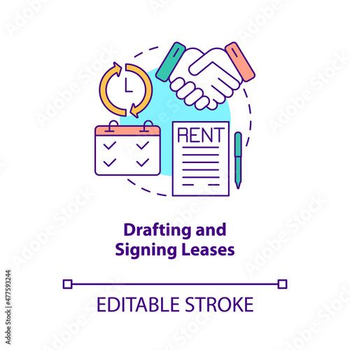 Drafting and signing leases concept icon. Tenant and landlord agreement abstract idea thin line illustration. Isolated outline drawing. Editable stroke. Roboto-Medium, Myriad Pro-Bold fonts used