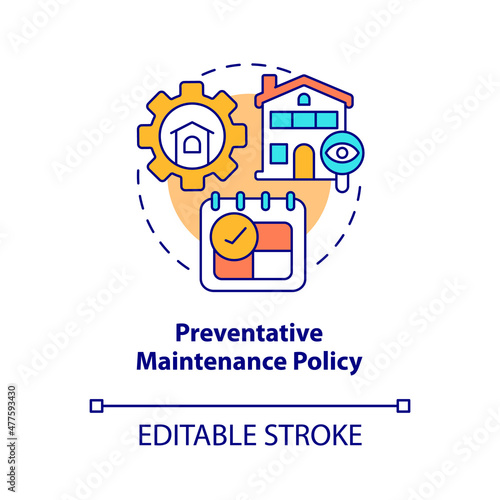 Preventative maintenance policy concept icon. Property management abstract idea thin line illustration. Isolated outline drawing. Editable stroke. Roboto-Medium, Myriad Pro-Bold fonts used