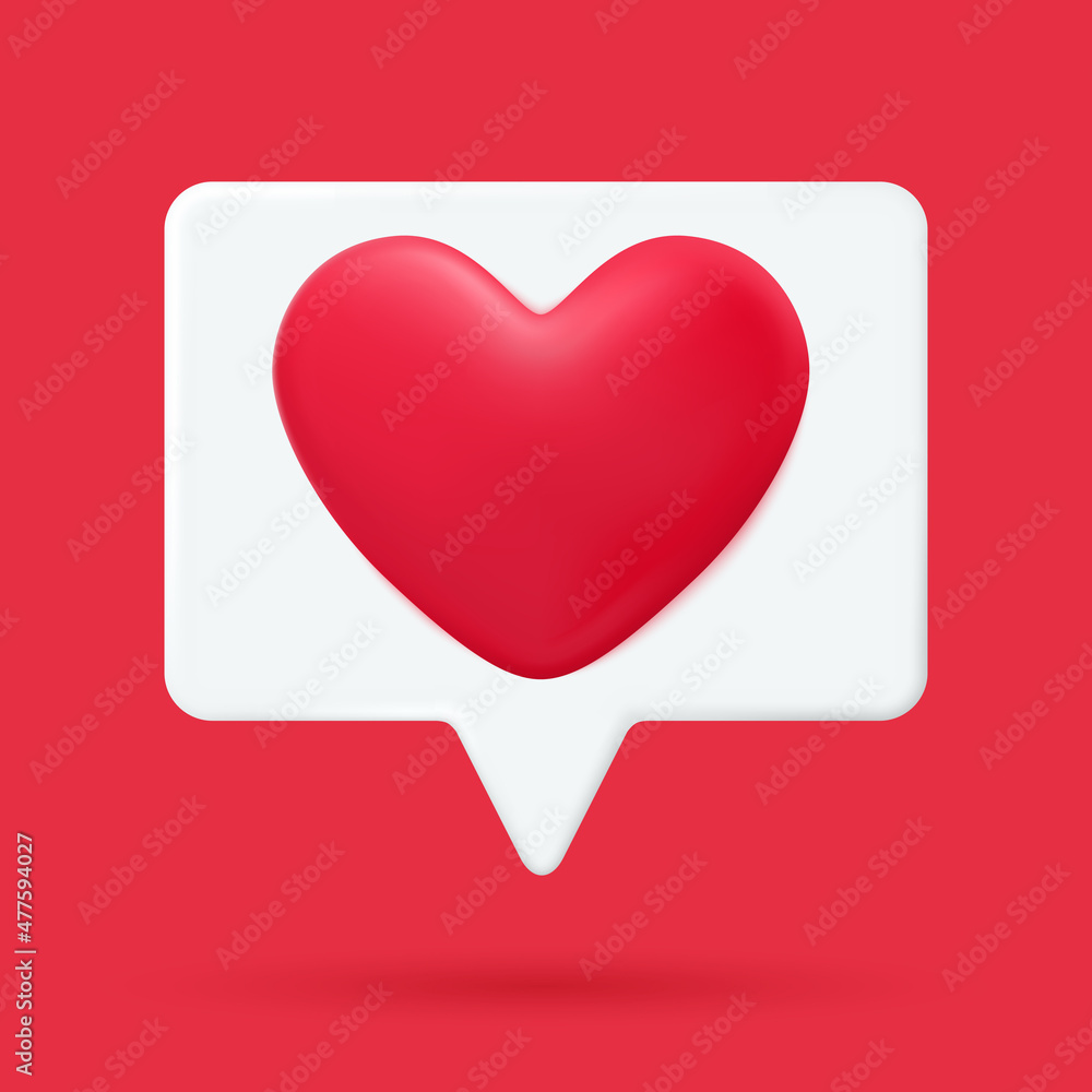 Message bubble with hearts 3d vector. Valentines day love message. Social media like or comment, website feedback. Love, wedding, engagement, datting and passion symbol.