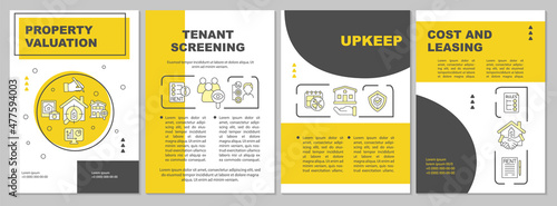 Property management yellow brochure template. Rental service. Booklet print design with linear icons. Vector layouts for presentation, annual reports, ads. Arial, Myriad Pro-Regular fonts used