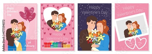 Happy Valentine's Day set of cards, posters, postcards with the image of a happy romantic couple in love in A4 format.