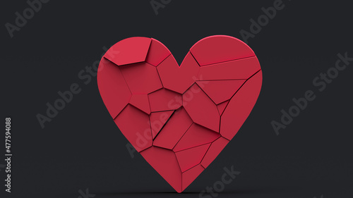 Cracked red break heart on black background, 3d render, relationship problems concept