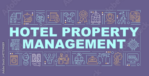 Hotel property management word concepts purple banner. Hospitality. Infographics with linear icons on background. Isolated typography. Vector color illustration with text. Arial-Black font used