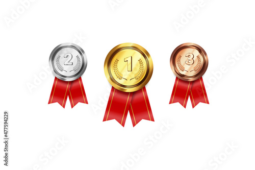 Gold silver bronze medal. Game winner prize medal icons vector illustration