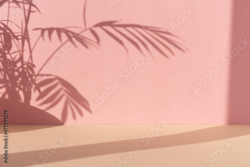 Premium podium with a shadow of tropical palm leaves on a pink and beige background. Minimal abstract background for the presentation of a cosmetic product. Showcase, display case.