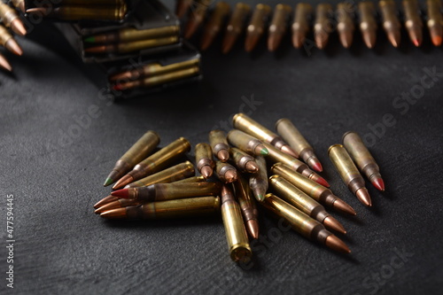 Photo of 5.56mm NATO Ammunition, machine gun bullets belt, rifle ammunition in magazines