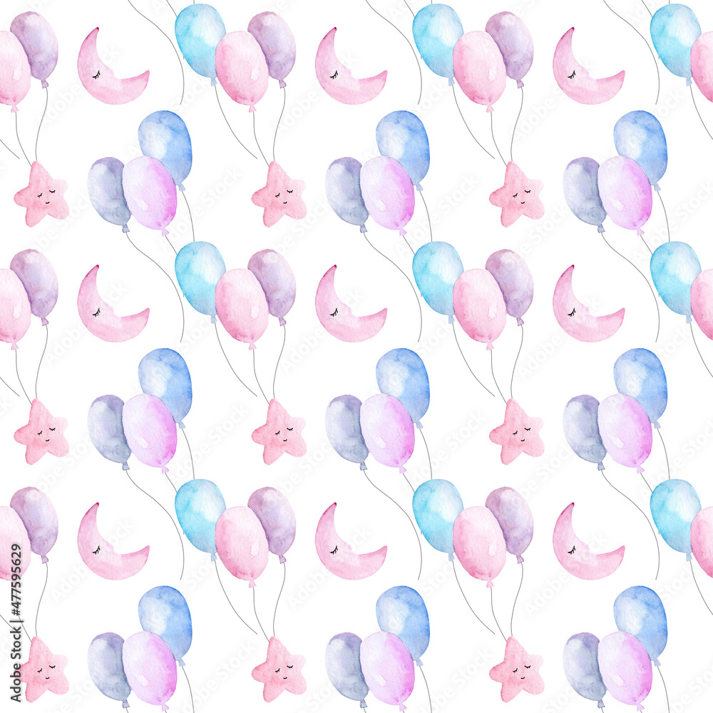 .Cute watercolor seamless pattern for children's room. Pink balloons, cartoon stars and the moon. Pattern for wallpaper, fabric and wrapping paper
