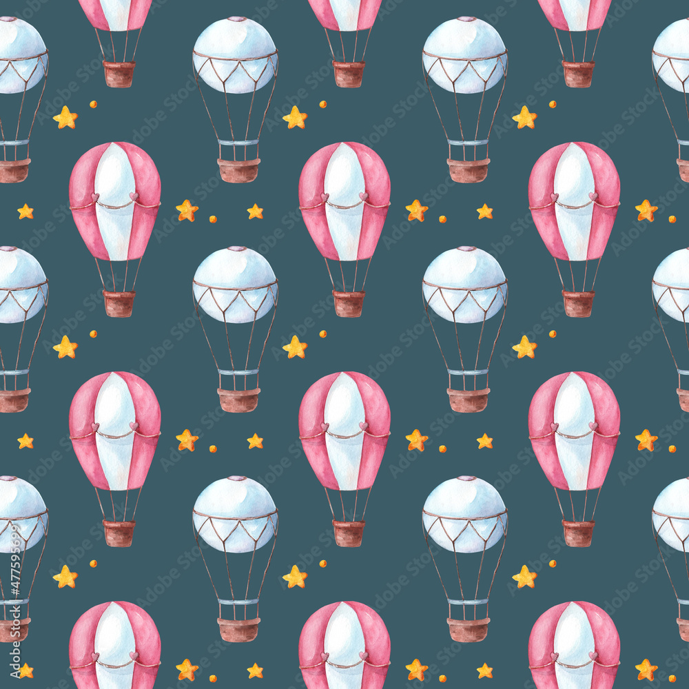 Fototapeta premium Watercolor seamless pattern with balloons. Pattern for the interior of a children's room, vintage