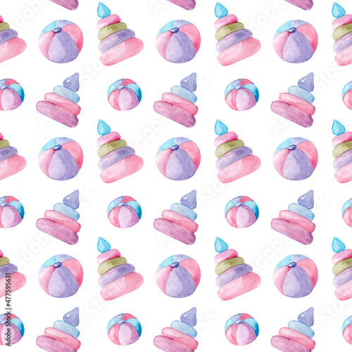 Cute watercolor seamless pattern for children's room. Pink balls and pyramids. Pattern for wallpaper, fabric and wrapping paper