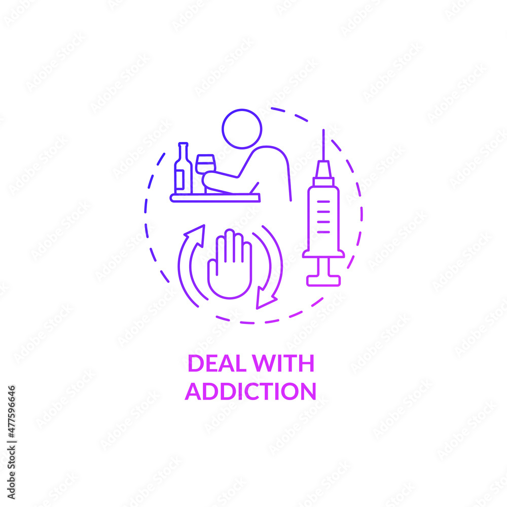 Deal with addiction purple gradient concept icon. Drug and alcohol dependence treatment abstract idea thin line illustration. Isolated outline drawing. Roboto-Medium, Myriad Pro-Bold fonts used