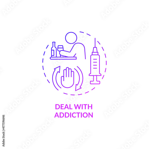 Deal with addiction purple gradient concept icon. Drug and alcohol dependence treatment abstract idea thin line illustration. Isolated outline drawing. Roboto-Medium, Myriad Pro-Bold fonts used