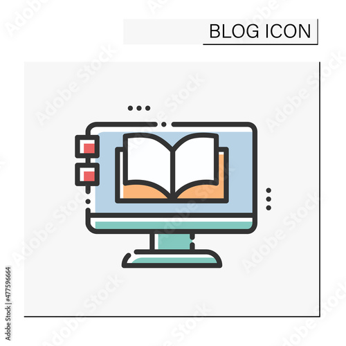 Blog magazine color icon. Storytelling blog. Online book store. Book review. Thematic internet community. Social media. Blogging and broadcasting. Isolated vector illustration
