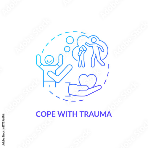 Cope with trauma blue gradient concept icon. Support group intervention abstract idea thin line illustration. PTSD treatment. Isolated outline drawing. Roboto-Medium, Myriad Pro-Bold fonts used