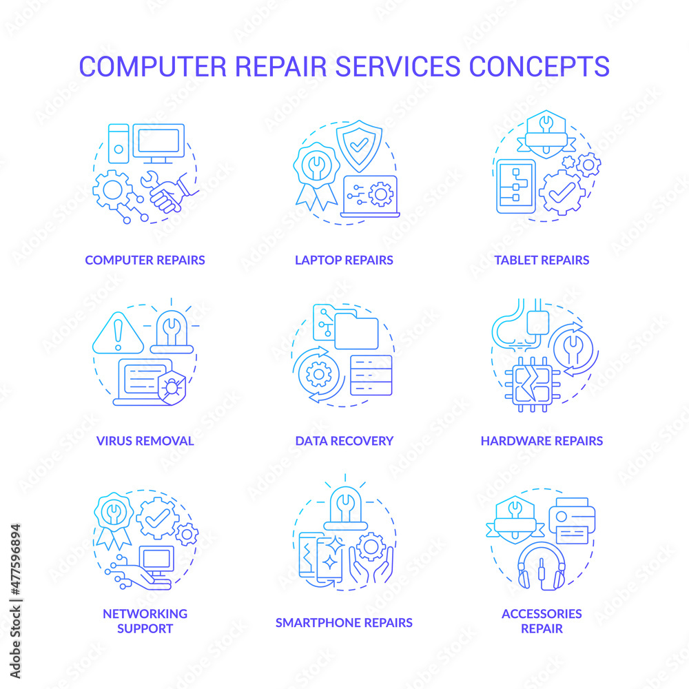 Computer repair service blue gradient concept icons set. Problem resolve idea thin line color illustrations. Isolated outline drawings. Editable stroke. Roboto-Medium, Myriad Pro-Bold fonts used Computer repair service blue gradient concept icons set. Problem resolve idea thin line color illustrations. Isolated outline drawings. Editable stroke. Roboto-Medium, Myriad Pro-Bold fonts used