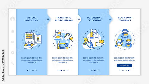 Support group visit effectiveness blue and white onboarding template. Responsive mobile website with linear concept icons. Web page walkthrough 4 step screens. Lato-Bold, Regular fonts used