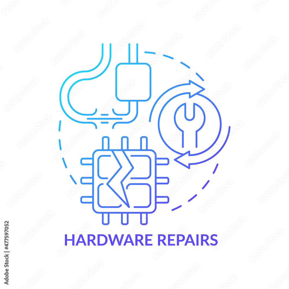 Hardware repair blue gradient concept icon. Physical breakdown, recovery. Type of repair abstract idea thin line illustration. Isolated outline drawing. Roboto-Medium, Myriad Pro-Bold fonts used