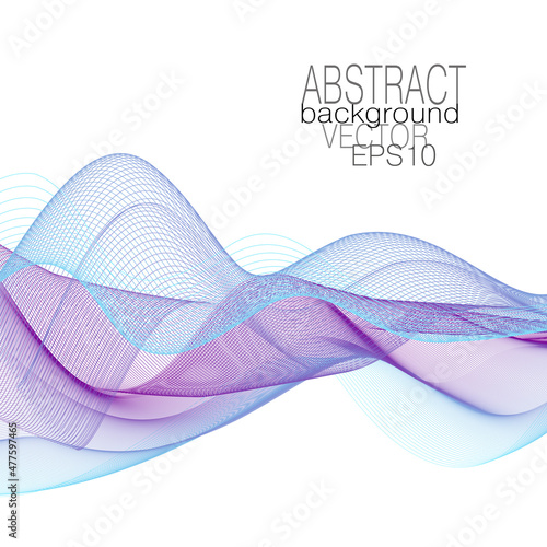 Dynamic blue, purple waves. Waving scarf. Squiggle subtle curves. Line art pattern. Flowing transparent veil. Abstract net design. Vector waveform, soft moire. White background. EPS10 illustration