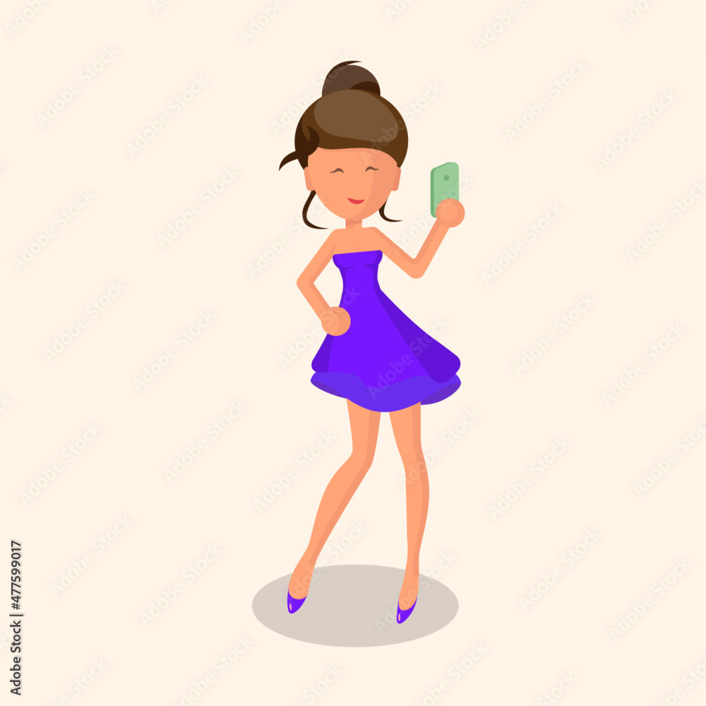 Selfie Girl Flat Design Vector Illustration 