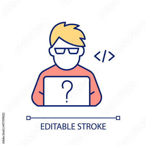 Web developer RGB color icon. Professional coder questioning programming language to choose. Isolated vector illustration. Simple filled line drawing. Editable stroke. Arial font used