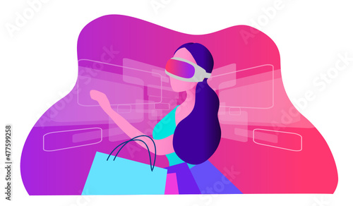 Woman wearing virtual reality goggle glass shopping online vector illustration. Metaverse 3D experience technology in shopping world	