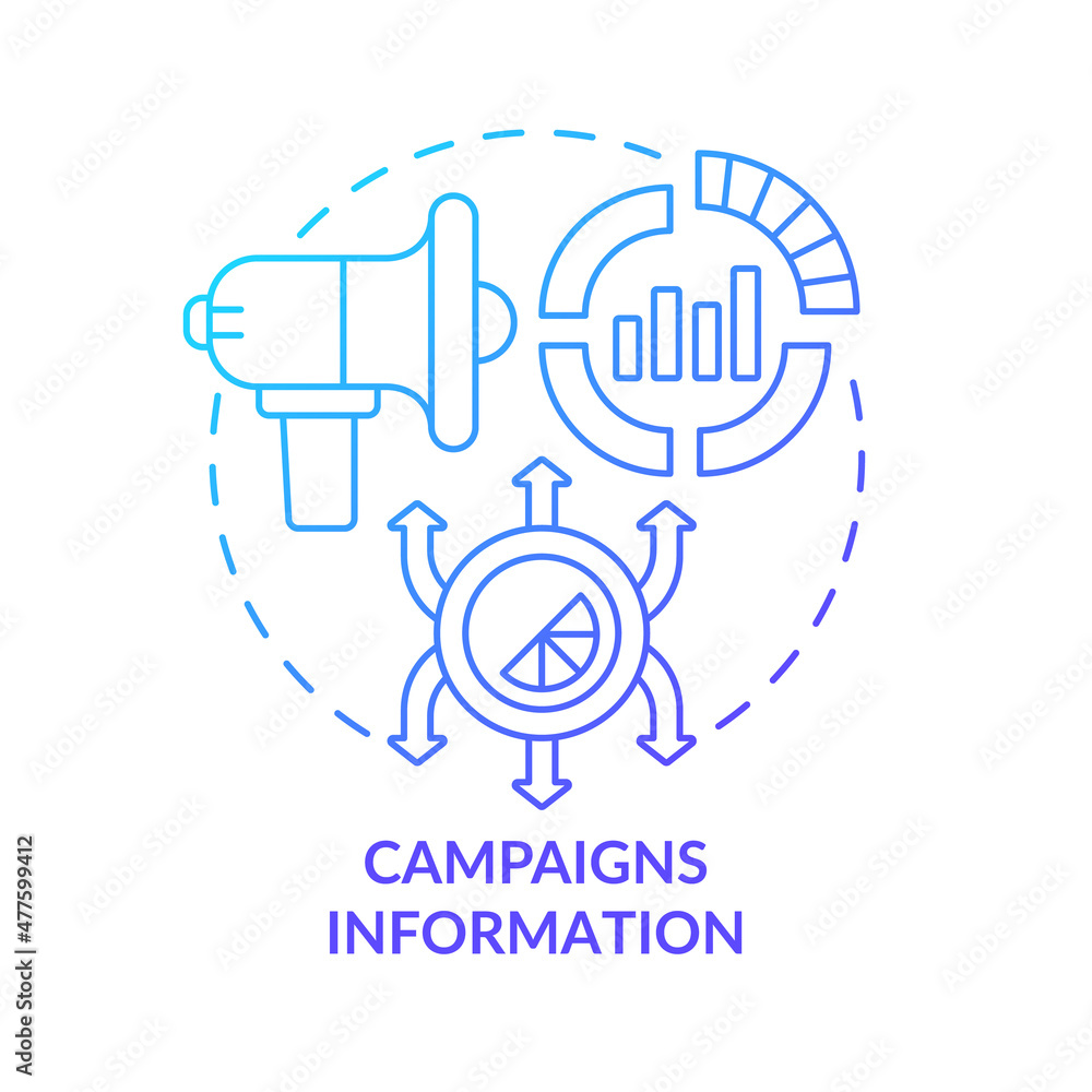 Campaigns information blue gradient concept icon. Control channels of advertisement abstract idea thin line illustration. Isolated outline drawing. Roboto-Medium, Myriad Pro-Bold fonts used